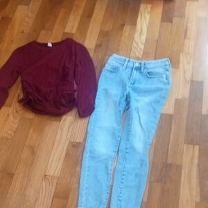 Burgundy Sweater and Light denim skinny Jeans Set girl 10